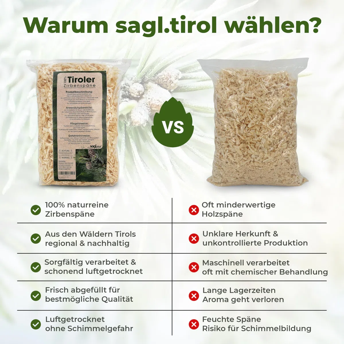 sagl.tirol Zirbenspäne Nachfüllpack für Zirbenkissen, Doppelt gesiebt, unbehandelte Zirbenholzspäne, Zirbenspäne für Kissen (7 Liter)