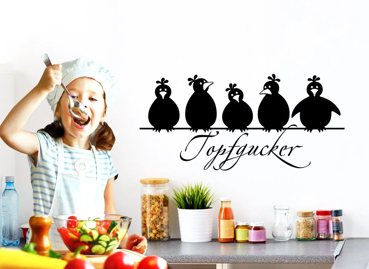 Grandora Wandtattoo Topfgucker 5 Vögel I schwarz 70 x 33 cm I Küche Spruch Zitat Aufkleber selbstklebend Wandaufkleber Wandsticker W862