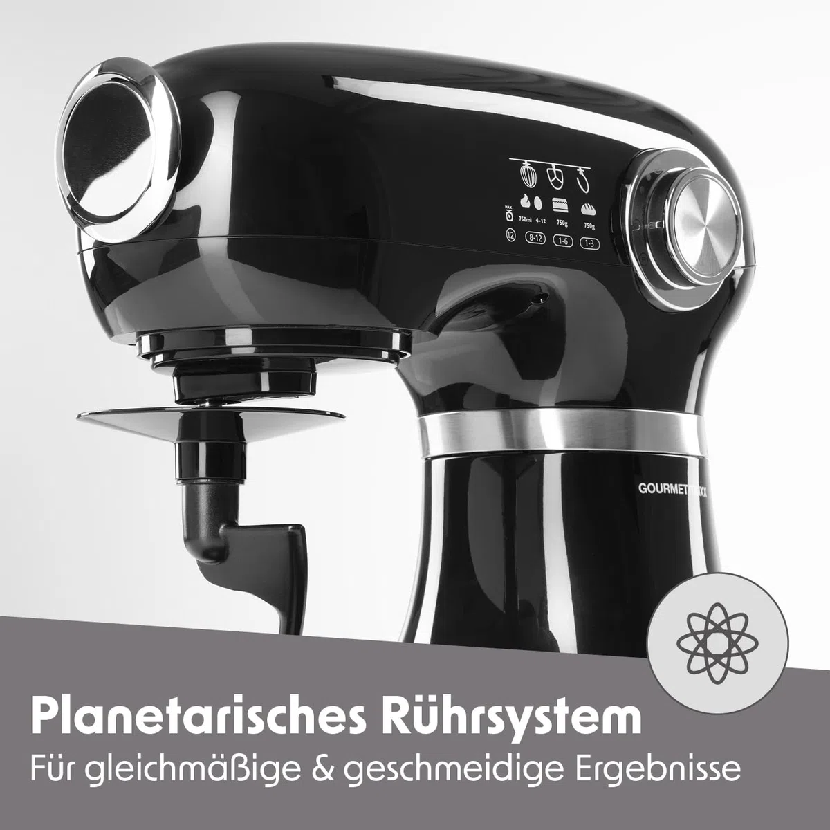 GOURMETmaxx Küchenmaschine & Rührgerät | Multifunktionale Küchenhilfe inkl. Rührschüssel und Aufsätze | Leistungsstarker Mixer mit Schneebesen und mehr | Elektrische Knetmaschine [schwarz]