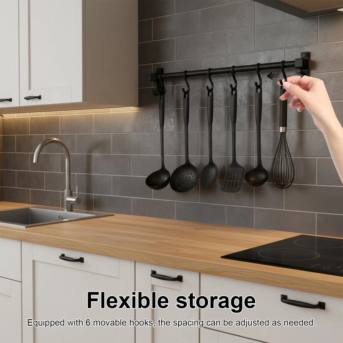 40 cm Hakenleiste Küche, Multifunktionaler Stange für Küchenutensilien, Küchenreling Schwarz mit 6 Beweglichen Haken, Küchenstange aus Aluminium, für Aufbewahrung Löffeln, Handtüchern, Scheren