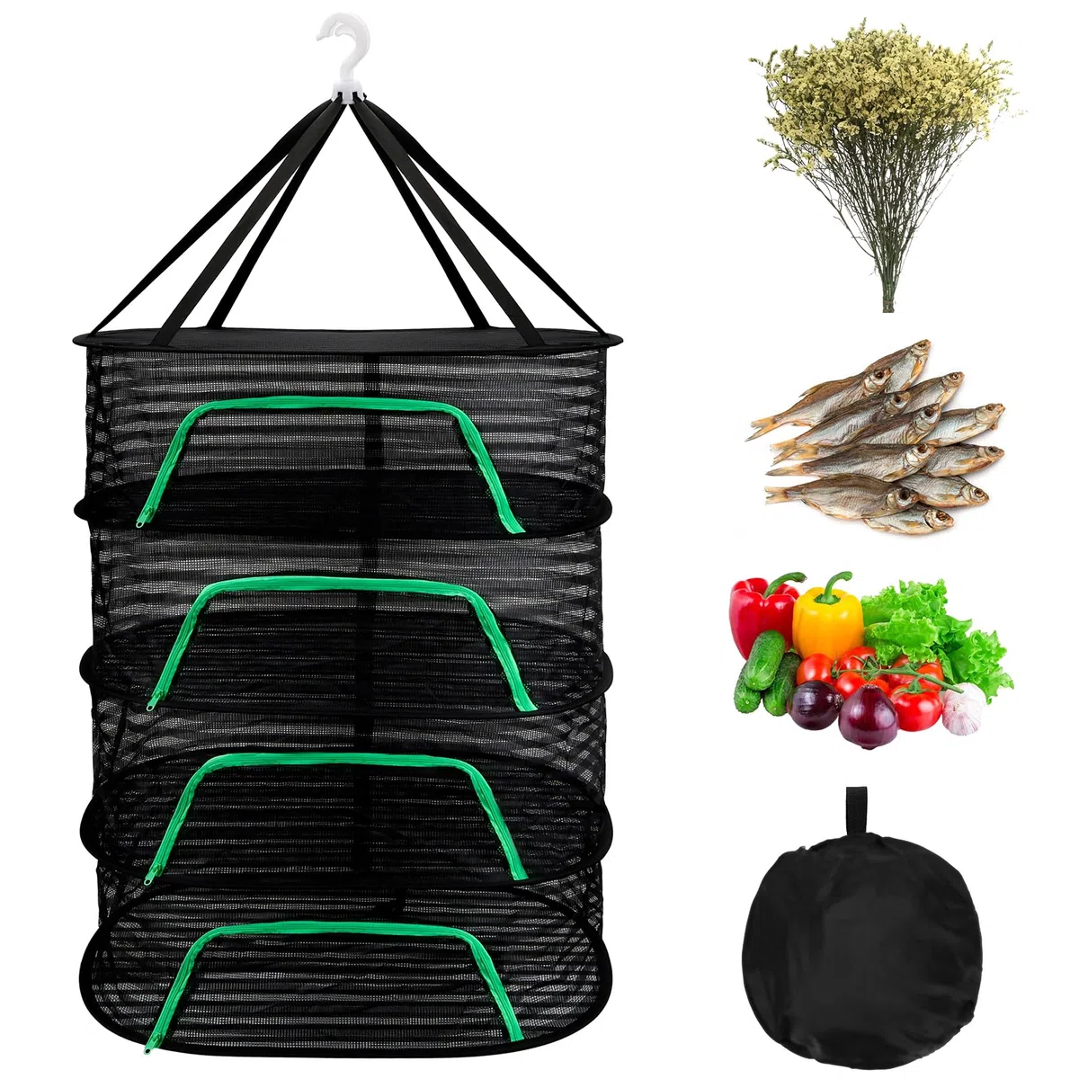 Dadabig Trockennetz 4-Lagiges Mesh Trockner Trockennetze zum Aufhängen Trocknungsnetz für Lebensmittel Zwiebeln Fisch Gemüse mit Reißverschluss Hängenetz(40 * 60 * 88cm)