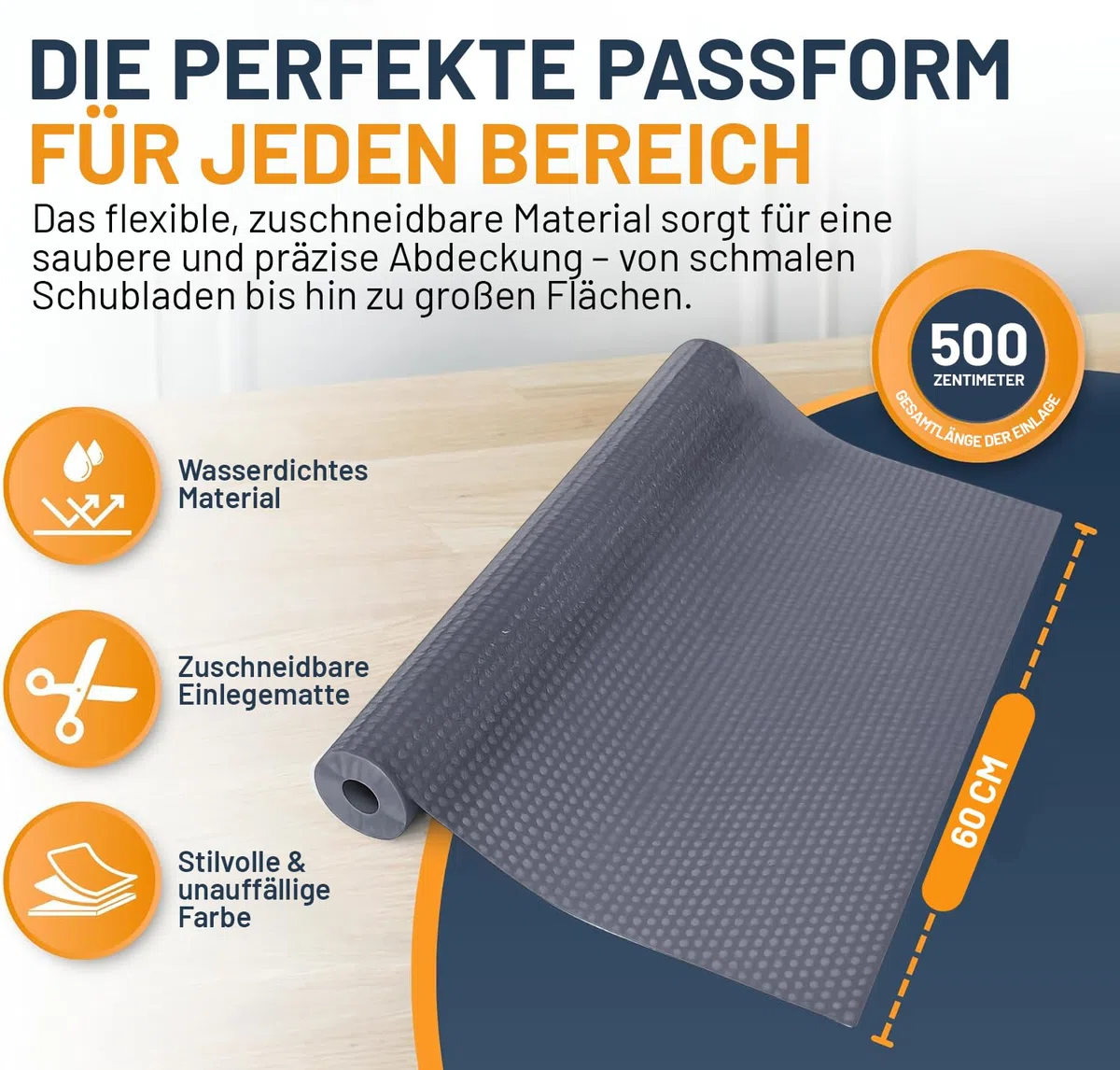 Schubladenmatte von Linda's Essentials (60 x 500 cm) - Antirutschmatte Schubladen Schrankfolie Schrankpapier abwaschbar, Kühlschrank Folie die Schubladen und Regale sauber hält - Zuschneidbar (grau)