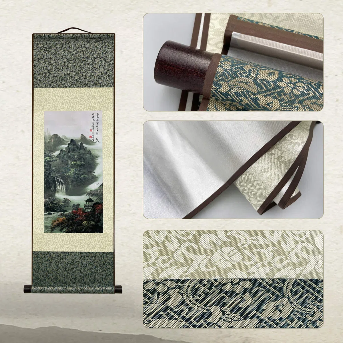 Valart Rollbild aus Seide Asiatisch Wand Dekoration Wasserfall Fluss Landschaft Gemälde - Berg Frühling Herbst Farbe Schön Chinesische Kunstwandrolle Seidenmalerei Orientalisches Dekor(93 x 30 cm)