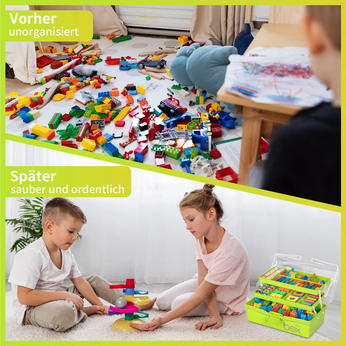 3 Regal Mehrzweck Aufbewahrungsbox, Bastelkoffer Aufbewahrung Kinder, Sortierbox, Organizer Box, Bastelbox, Nähkasten, Toolbox, Angelkoffer, Medizinkoffer - Grün（30.5CM x 18CM x 15CM）