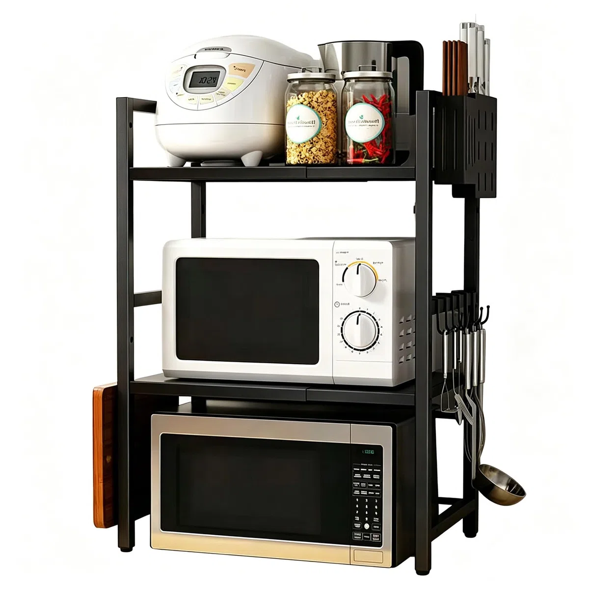 Erweiterbares Mikrowellen Regal, 3-Stufig Küchen Mikrowellenständer mit 4 Haken, Küchenregal Stehend für Arbeitsplatte aus Kohlenstoffstahl für Heißluftfritteuse, Toaster, Schwarz
