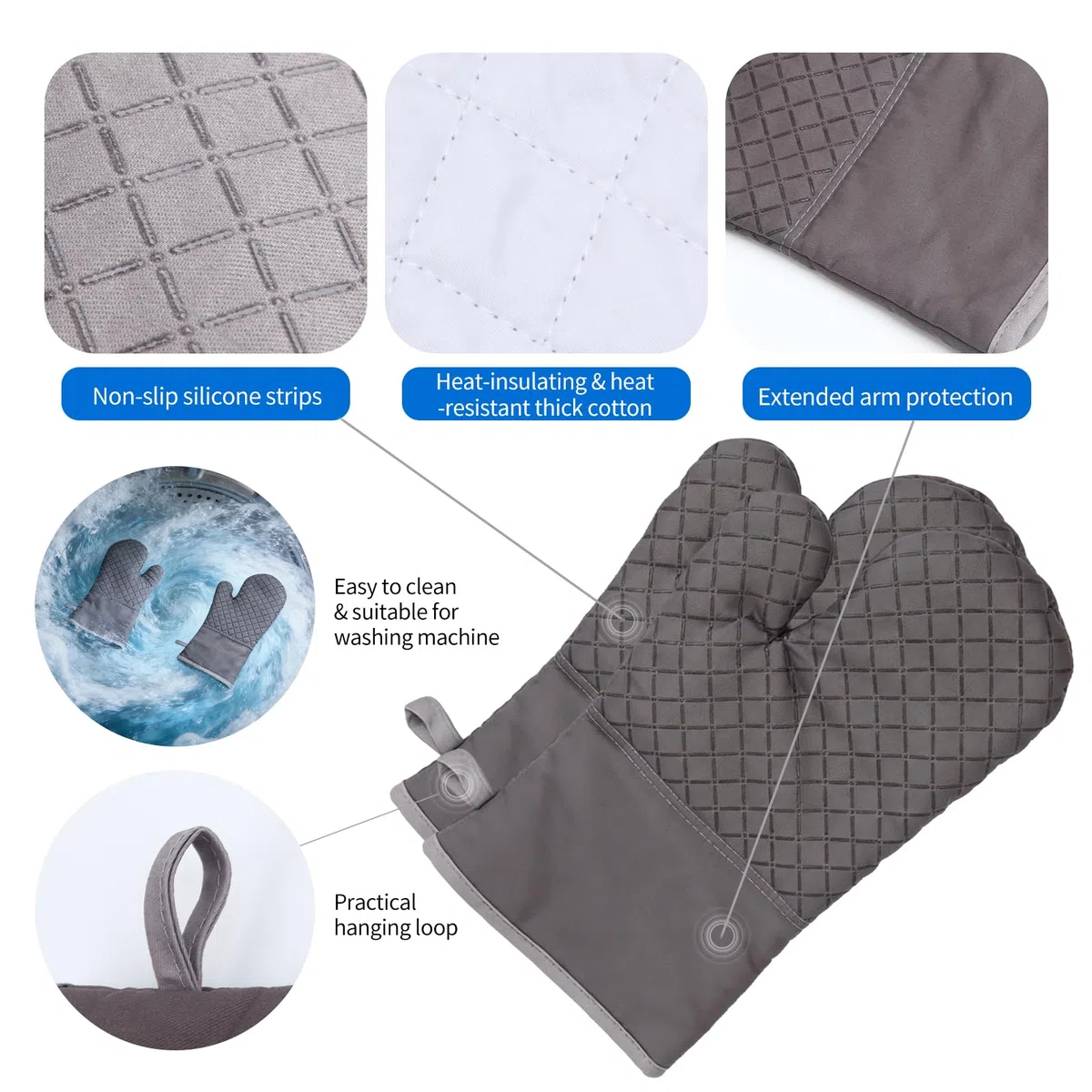 Ofenhandschuhe & Topflappen Set 8-teilig, Hitzebeständig bis 230°C, rutschfest mit Silikon, Baumwolle Innenfutter, Backhandschuhe für Küche, Grillen, Backen & BBQ