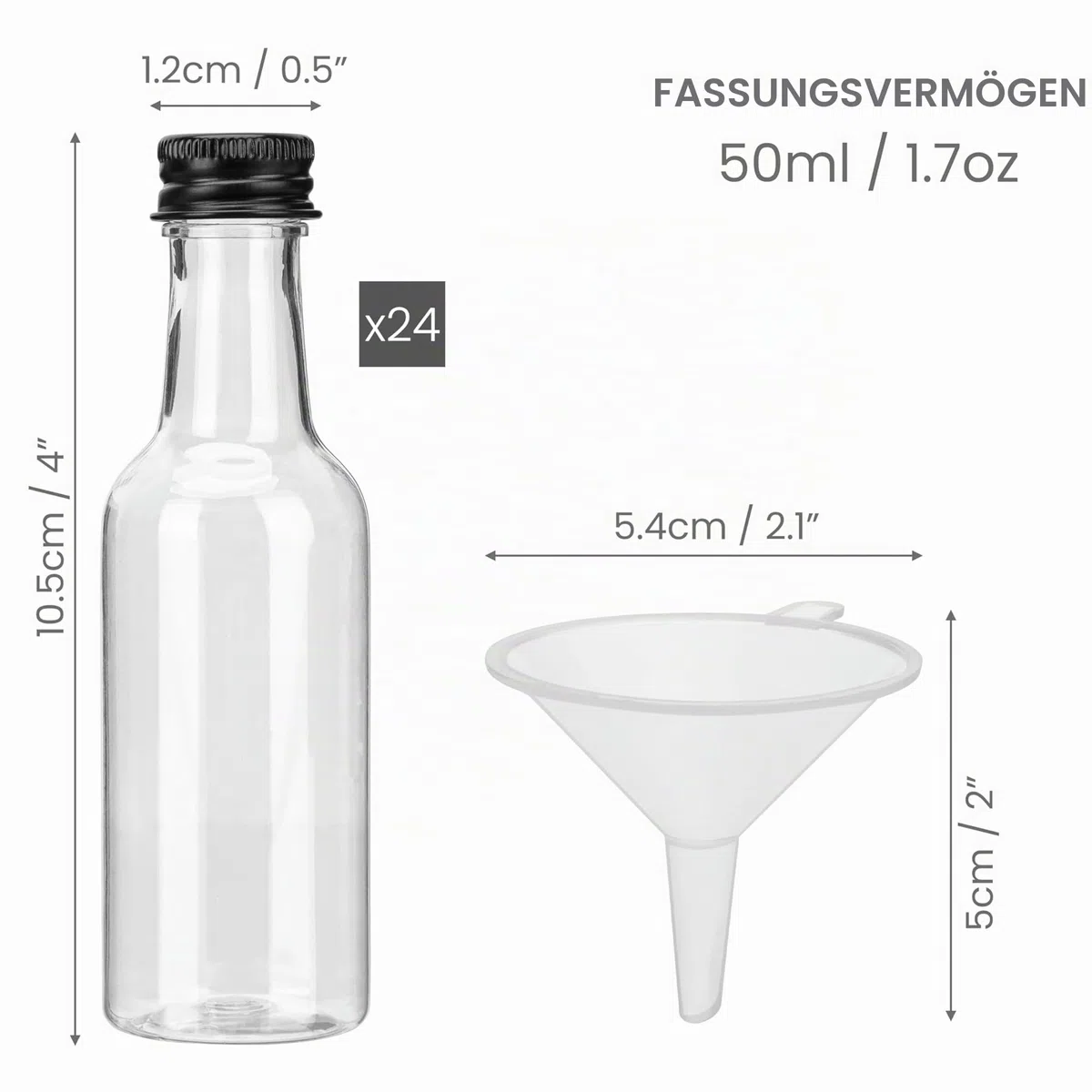 BELLE VOUS Mini Fläschchen Kunststoff Likörflaschen 48 Stk - 50ml Plastik Wiederverwendbar, leere kleine Schnapsflaschen mit Schwarzem Deckel u. Trichter für Hochzeiten,Party, Kunst, Events