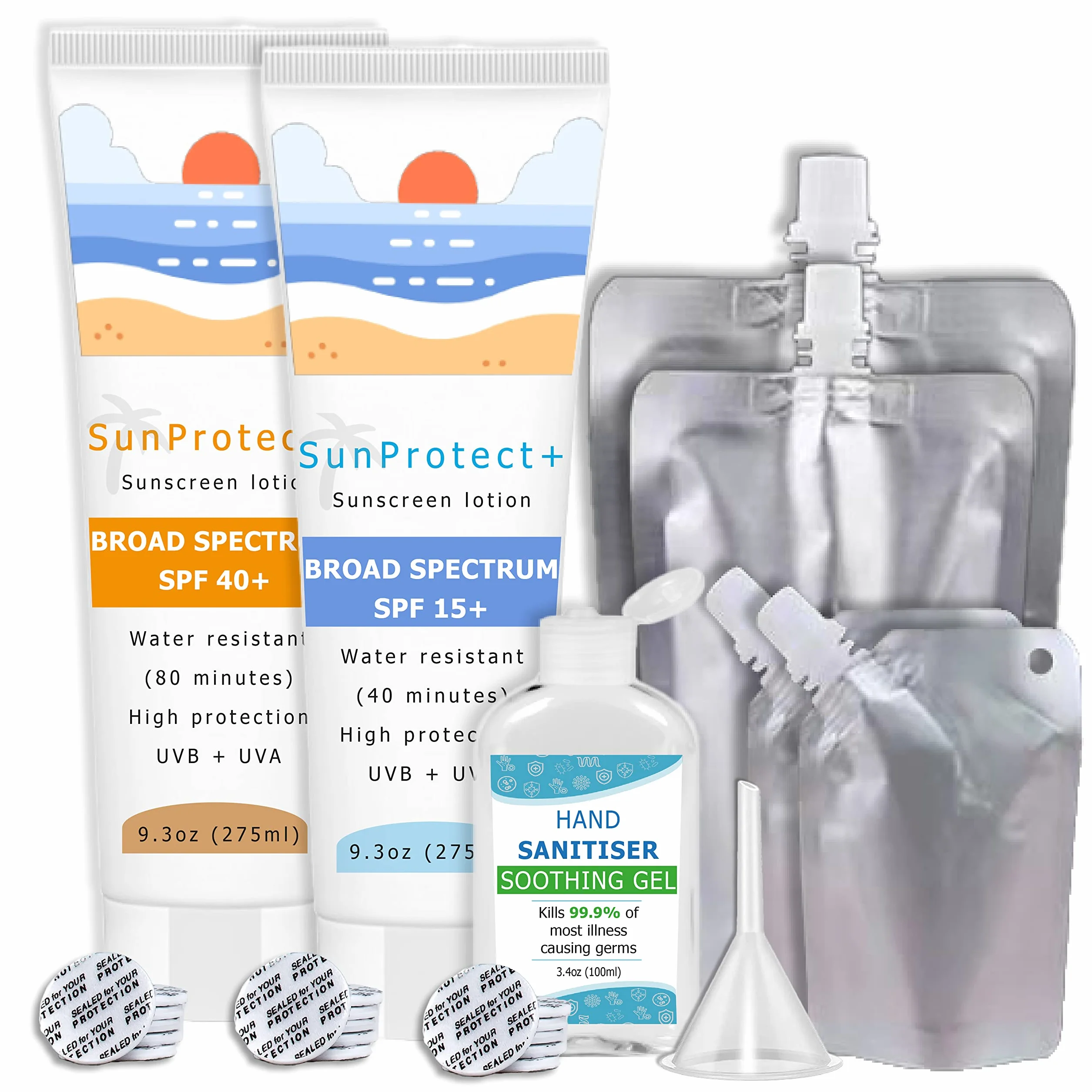7er-Pack Geheimflaschen-Set – Sonnencreme + Handdesinfektionsmittel + Beutel – 1330 ml – Trinkbeutel für Festivals – Schleichen Sie Alkohol überall – in Großbritannien ansässige Marke