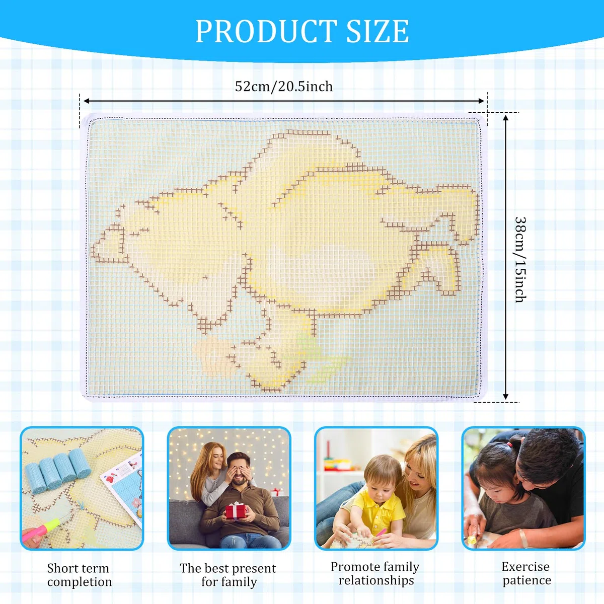 Knüpfteppich Set für Kinder,Anfänger und Erwachsene zum Selber Knüpfen,Latch Hook Kits mit Vordruck und Englische Lernprogramm,DIY Knüpfsets KreuzstichTeppich Set,52x38 cm(Honigbär)