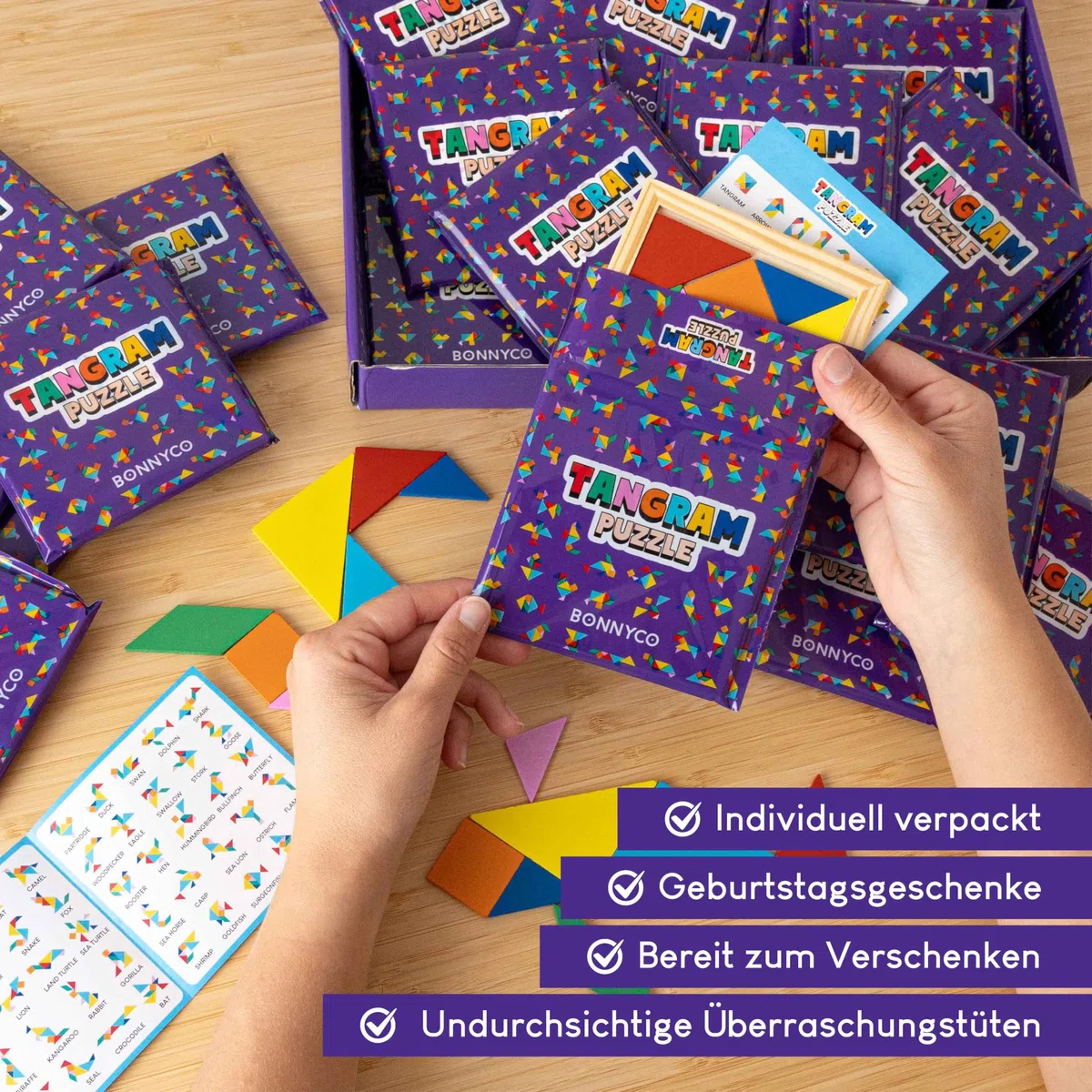 BONNYCO Tangram Kinder Mitgebsel Kindergeburtstag Gastgeschenke 30 Stück. Tangram Puzzle, Kleine Geschenke für Kinder. Give Aways Kindergeburtstag Mitgebsel Set, Pinata Füllung, Mini Spielzeug