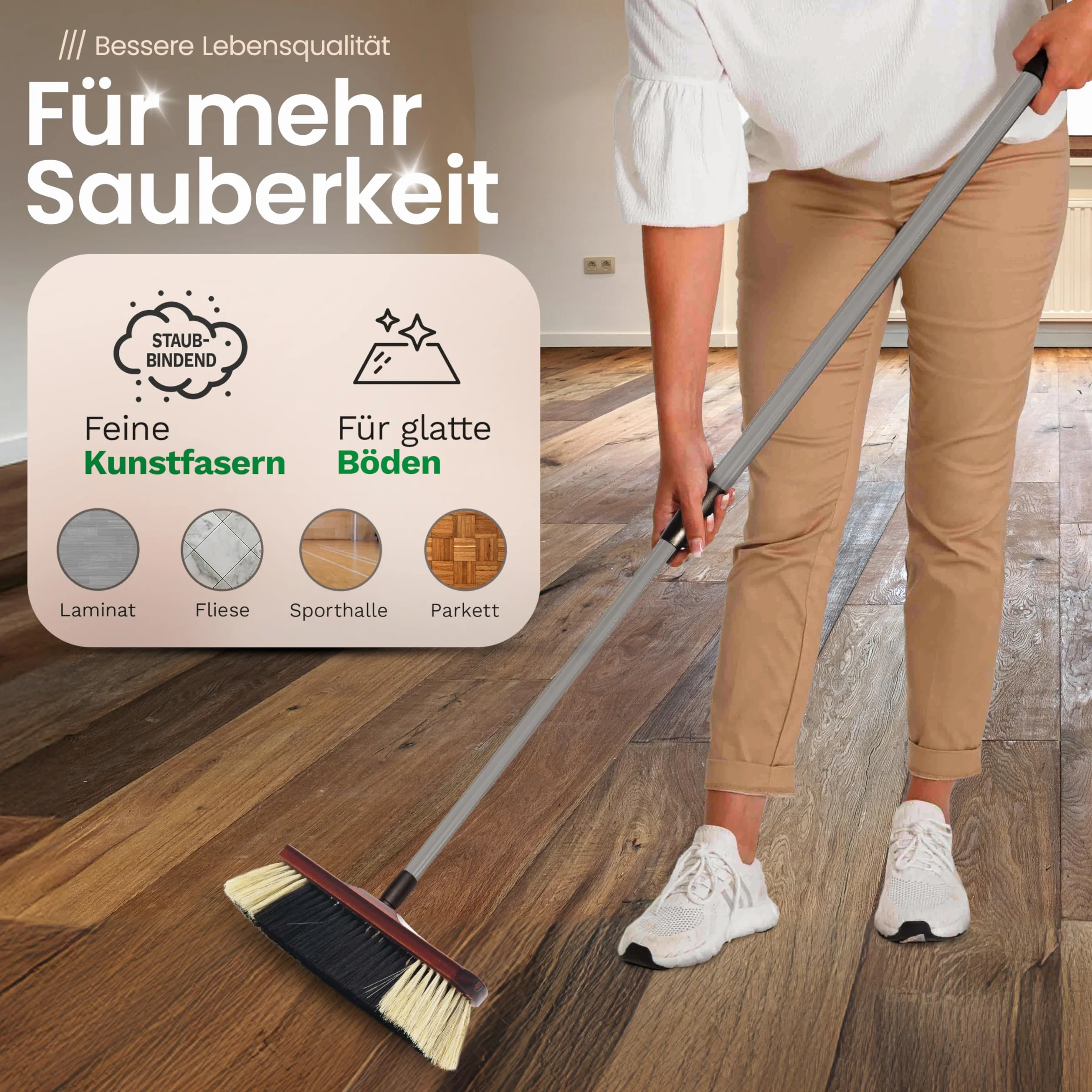 Novaliv Zimmerbesen mit Stiel ROSSHAAR Mischung Besen weiche Borsten Schrankbesen mit Teleskopstiel Gemischter Rosshaarbesen Besen für Laminat und Parkett Rosshaarbesen Naturborsten Stubenbesen