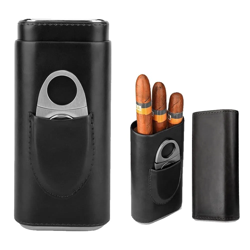 Zigarrenetui für 3 Zigarren，Tragbarer Humidor Zigarren, Leder Zigarrenetui, Leder Etuis mit Zigarrenschneider aus Edelstahl，für Reise Kurztrips(Schwarz)