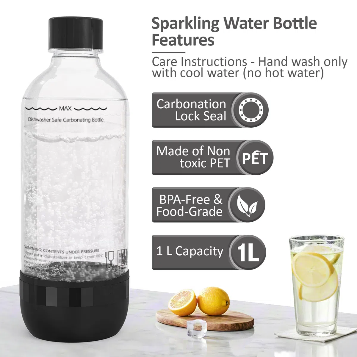 2er Set Sodaflaschen 1 Liter BPA Frei PET Schwarz und Weiss Wiederverwendbare Sprudelflaschen Kompatibel mit Sodamaschine und Wassersprudler