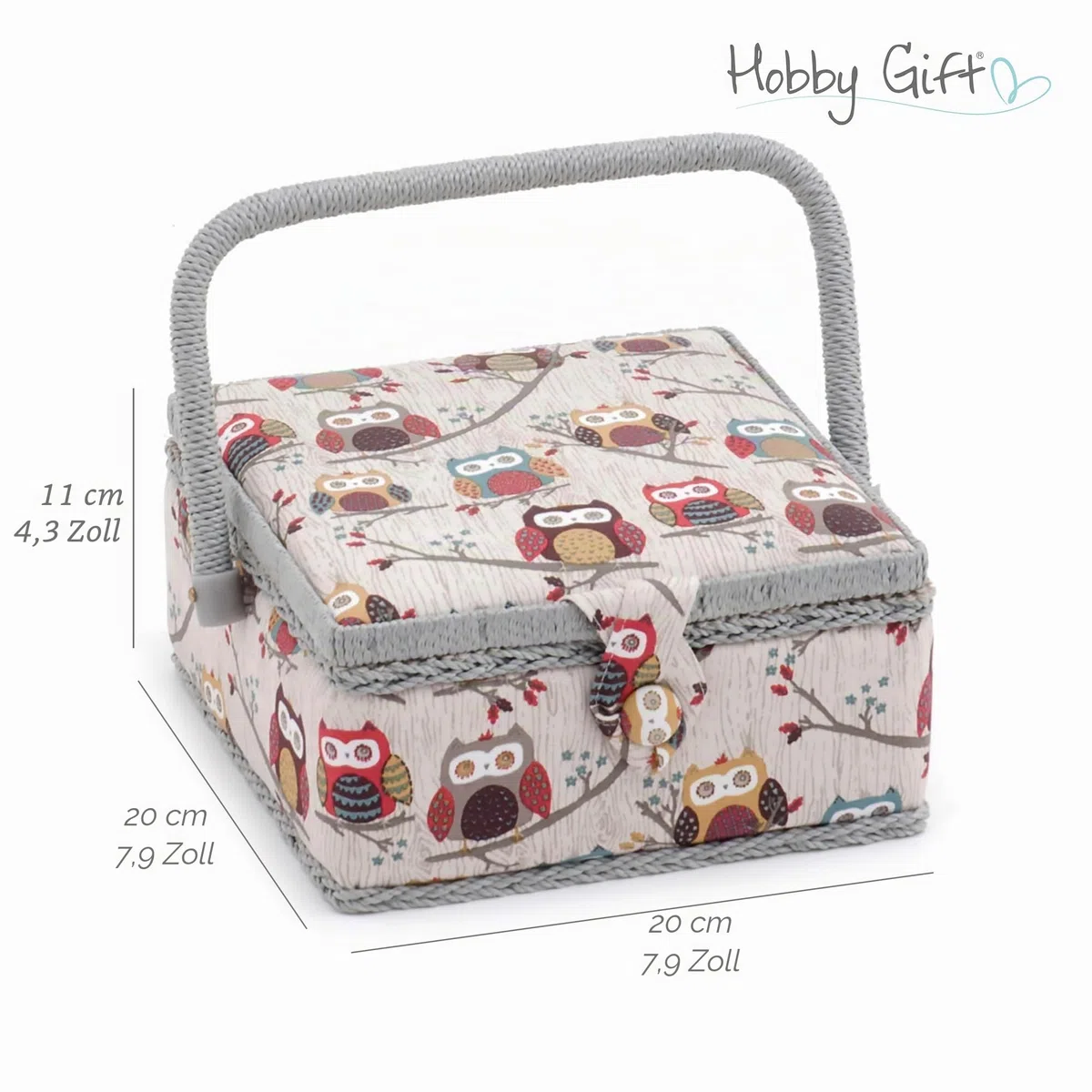 Hobby Gift Nähkästchen Klein mit Griff - Nähkorb aus Baumwolle mit Fächern für Nähzubehör & Werkzeuge - Aufbewahrungsbox für Handarbeit - 20 x 20 x 11 cm, Hoot
