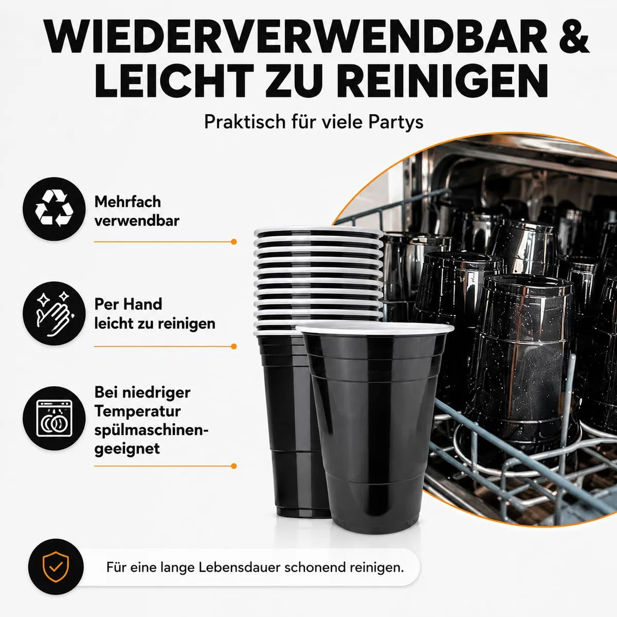 100 Partybecher schwarz | Wiederverwendbare Plastikbecher 12 cm | Lebensmittelechte Becher im 2x 50er Pack | Beerpong Becher für Festival, JGA, Gartenparty, Geburtstag & Trinkspiele