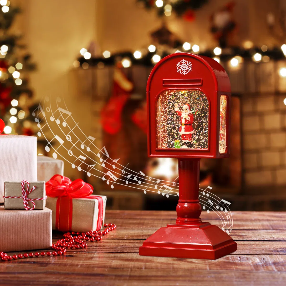 Weihnachtsdeko Laterne, Weihnachts Schneekugel Laterne mit Musik, Weihnachtslaterne, LED Weihnachts Schneekugel Laterne mit Musik und Licht, Weihnachtsfeierdeko Vintage Innen Beleuchtet (Rot)