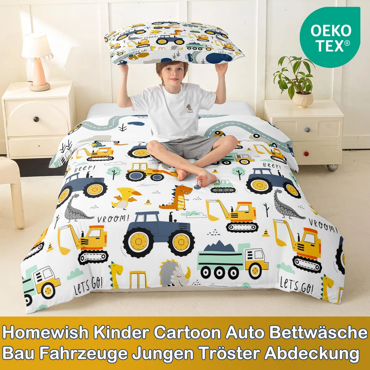 Jungen Cartoon Auto Bettwäsche Set 135x200,Kinder Bau Fahrzeuge Tröster Abdeckung für Kind Kleinkind Teens,Dinosaurier Bettbezug,Traktor Maschinerie Bagger Bettdecke Abdeckung,Lkw Autos Bettwäsche