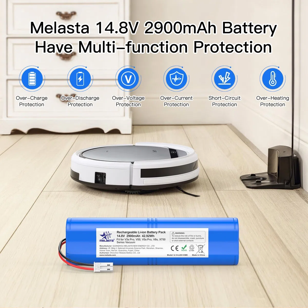 melasta 2900mAh Li-ION Akku für iLife Zaco V5s Pro,V5s V4,V3s Pro, V4, V40, V50, V5s Pro, V5x, V80, V8s, V85, X750 Serie, Ersatz für iLife Staubsauger 18650B4-4S1P-AGX-2 Akku.(14.4V / 2900mAh)