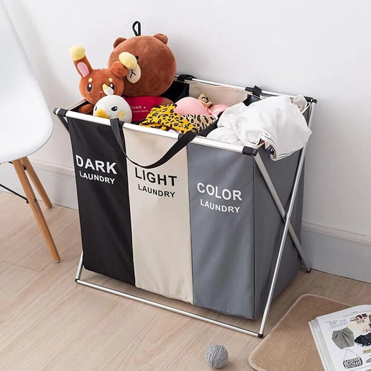 Wäschekorb, 155L Wäschesammler Mit Ablage, Wäschekorb 3 Fächer, Wäschesack Laundry Baskets Aus Oxford-Gewebe Ausziehbar Abnehmbar 64 X 35 X 62 cm Pfandflaschen Sammelbehälter