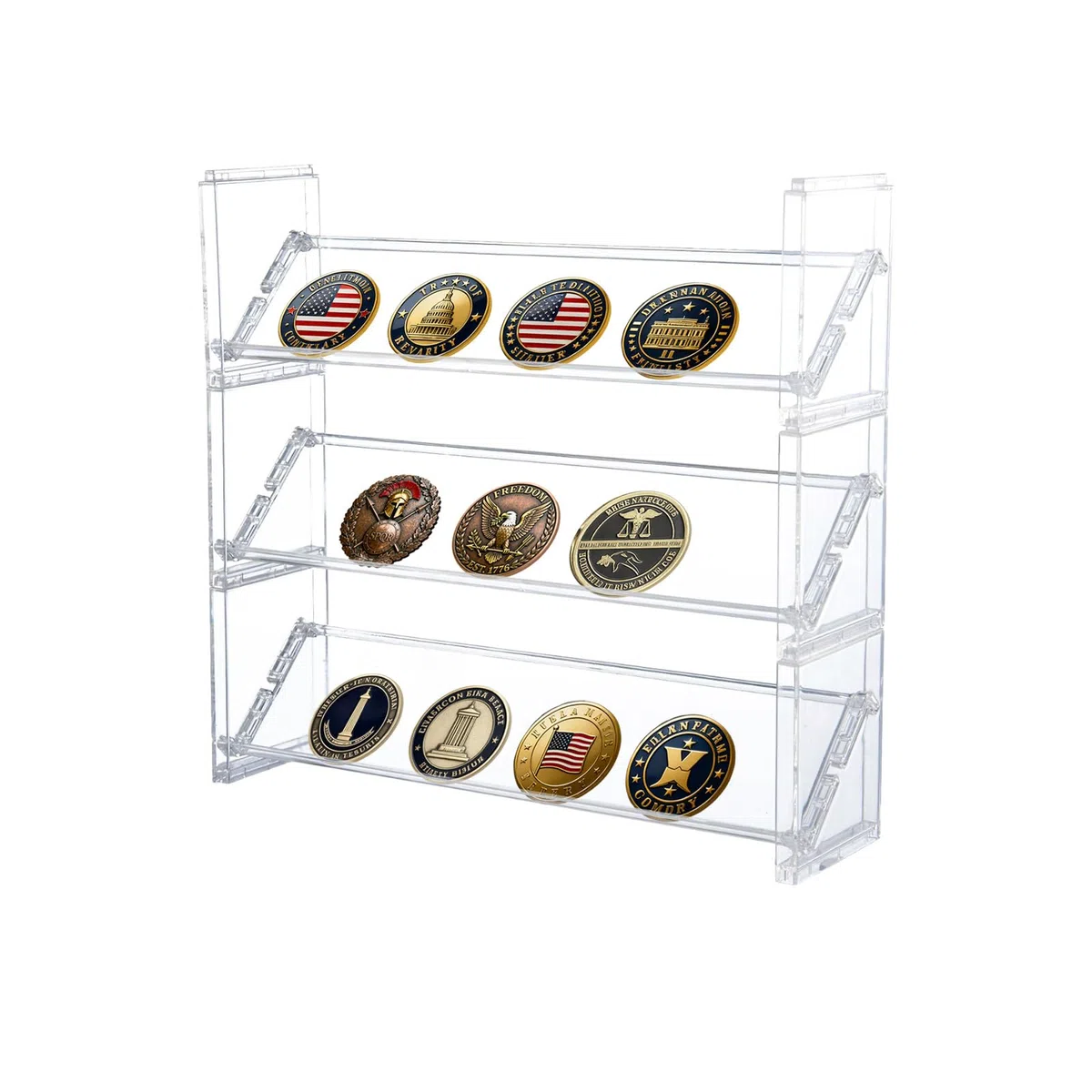 Plastik Münzen Display Regal 3‑tier – Transparenter 3‑Stufiger Münzhalter mit Kartenschlitzen – 30 cm Länge, 8 cm Tiefe, 9 cm Höhe – Stapelbar & Einzeln nutzbar für Challenge Coins