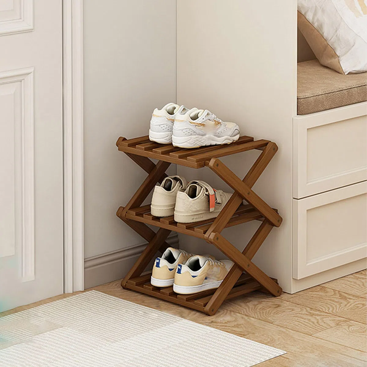 kiss me Vertikales Schmales Schuhregal,Tragbare Holz Schuhregale,Ohne Installation,Bambus Faltbare Schuhe Veranstalter für Korridore, Schlafzimmer, Wohnzimmer, Ecke (Braun, 3 Ebenen)