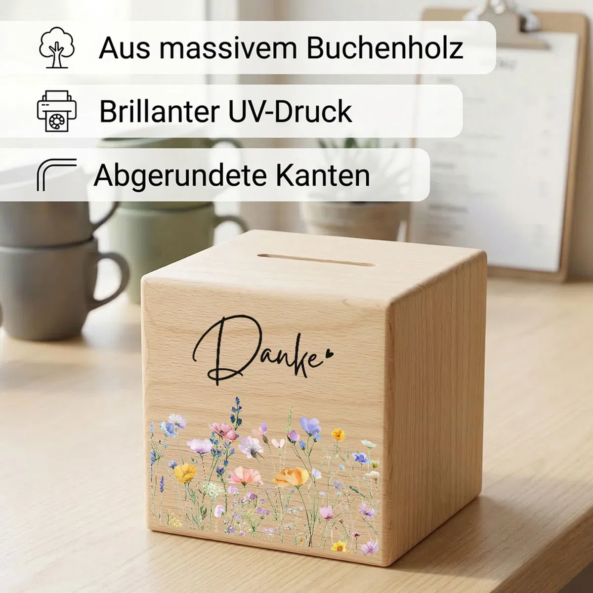 Trinkgeldkasse Wildblumen Danke Kaffeekasse Spardose aus Holz Trinkgeld Sparkasse Holzspardose