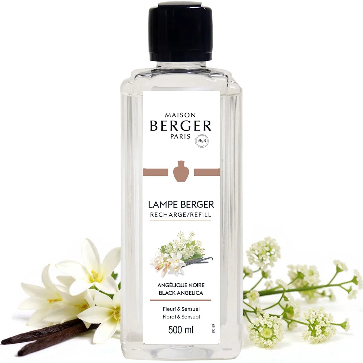 Maison Berger – Nachfüllung Angélique Noire 500 ml für Lampe Berger – 2-in-1 geruchsneutralisierendes Raumduft-Öl – Bergamotte, Vanille