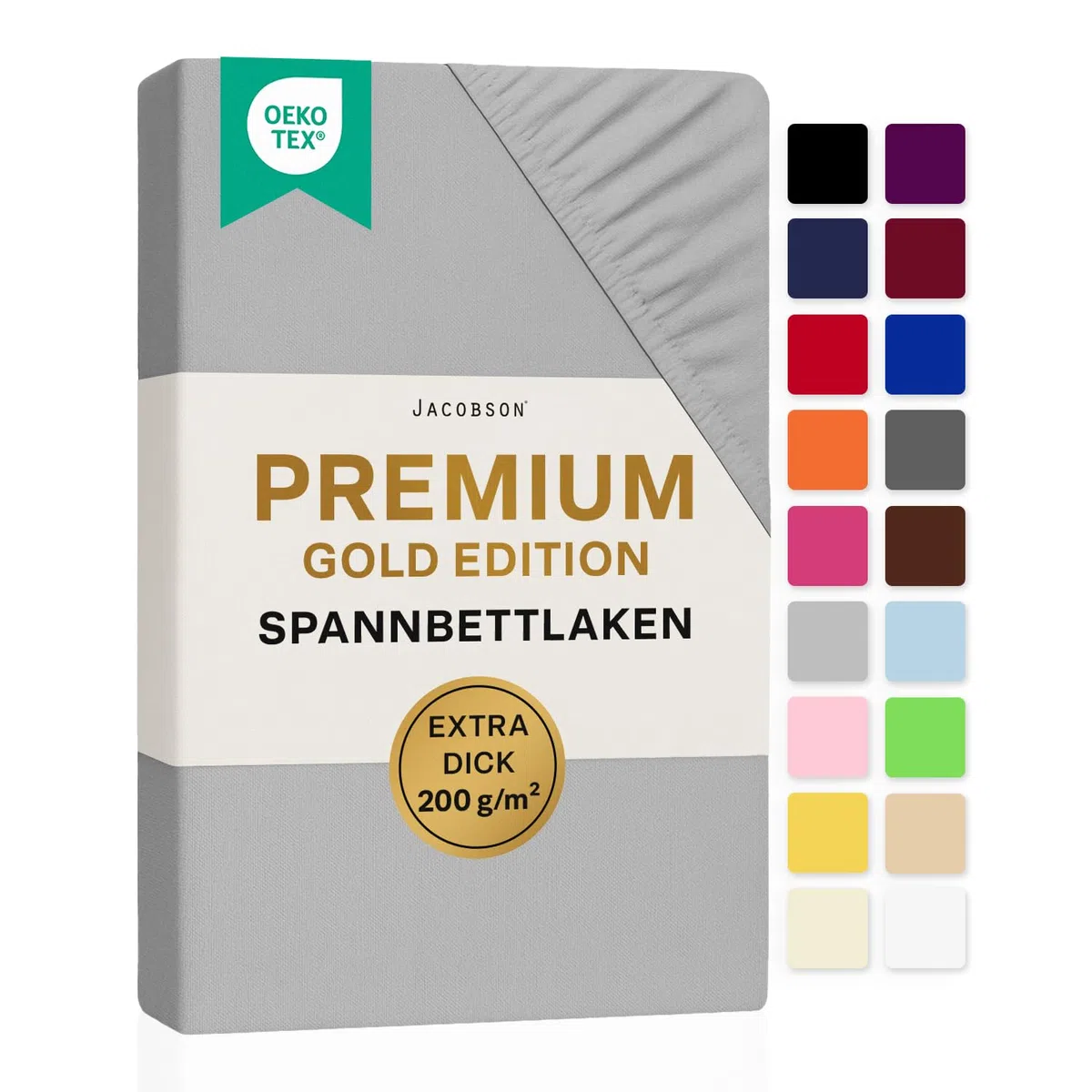 Jacobson Premium Spannbettlaken 200 g/m² Jersey Baumwolle mit Elasthan (180x200-200x200 cm, Grau)