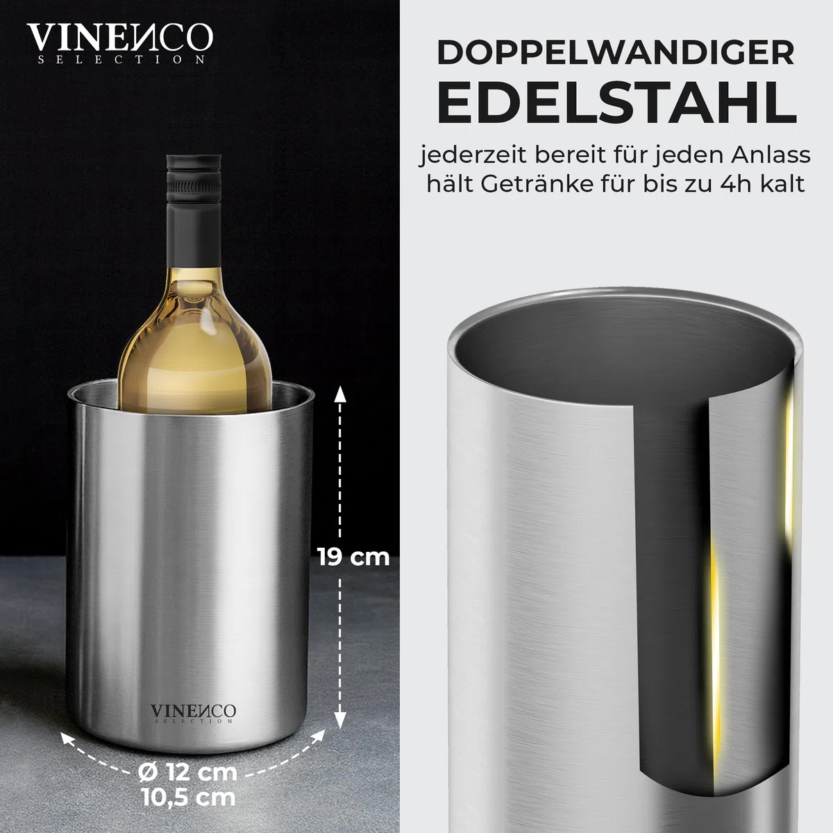 VINENCO Weinkühler Edelstahl Flaschenkühler Sektkühler Champagner Wein Kühler doppelwandig isoliert | Weinflaschenkühler Getränkekühler Weißwein | Geschenk-Set Männer Frauen Weinzubehör Geschenkidee