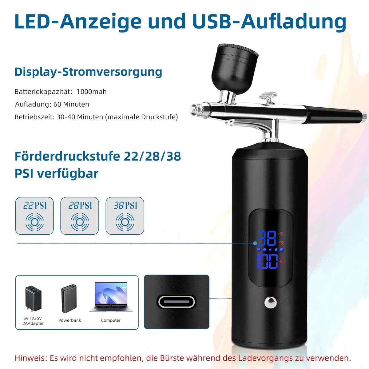 Daakro Airbrush Set, Spritzpistole mit Kompressor 38PSI Kabelloses Airbrush-Kit, Kuchendekoration, Nagelkunst, Tattoos, und Gesichtsbemalung BFDI0026