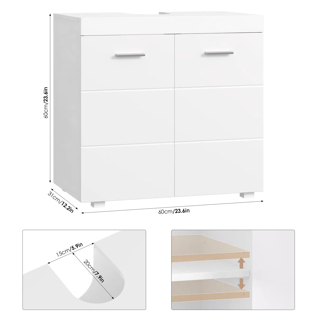 FOREHILL Waschbeckenunterschrank Unterschrank Badezimmerschrank mit 2 Türen und 2 Ablagen, 60x31x60cm, für Badezimmer, weiß