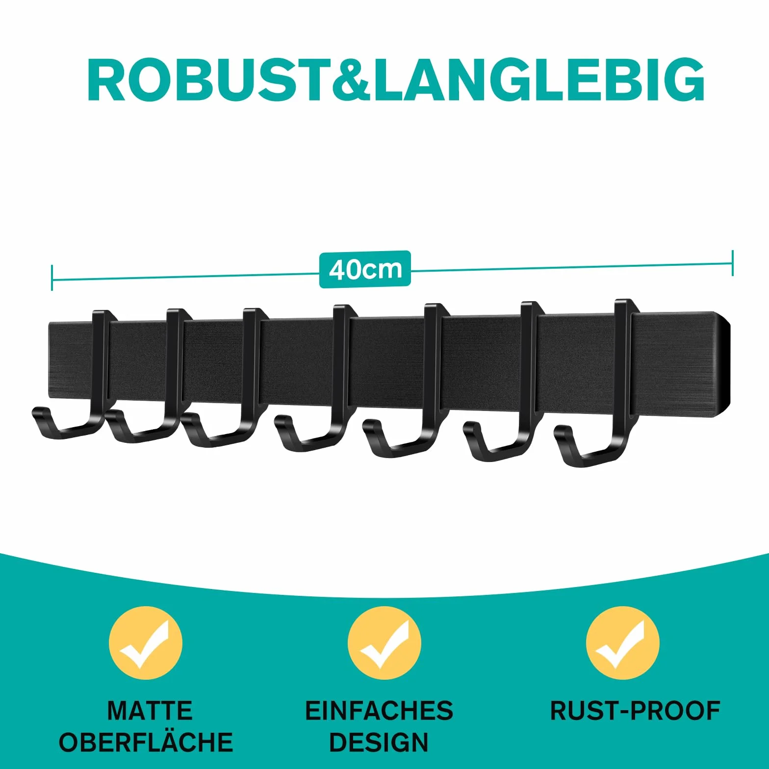 Hakenleiste Küche 40cm, Küchenhalterung ohne Bohren mit 7 abnehmbaren Haken, Aluminium küche Hakenleiste, Matte Oberfläche, Schwarz