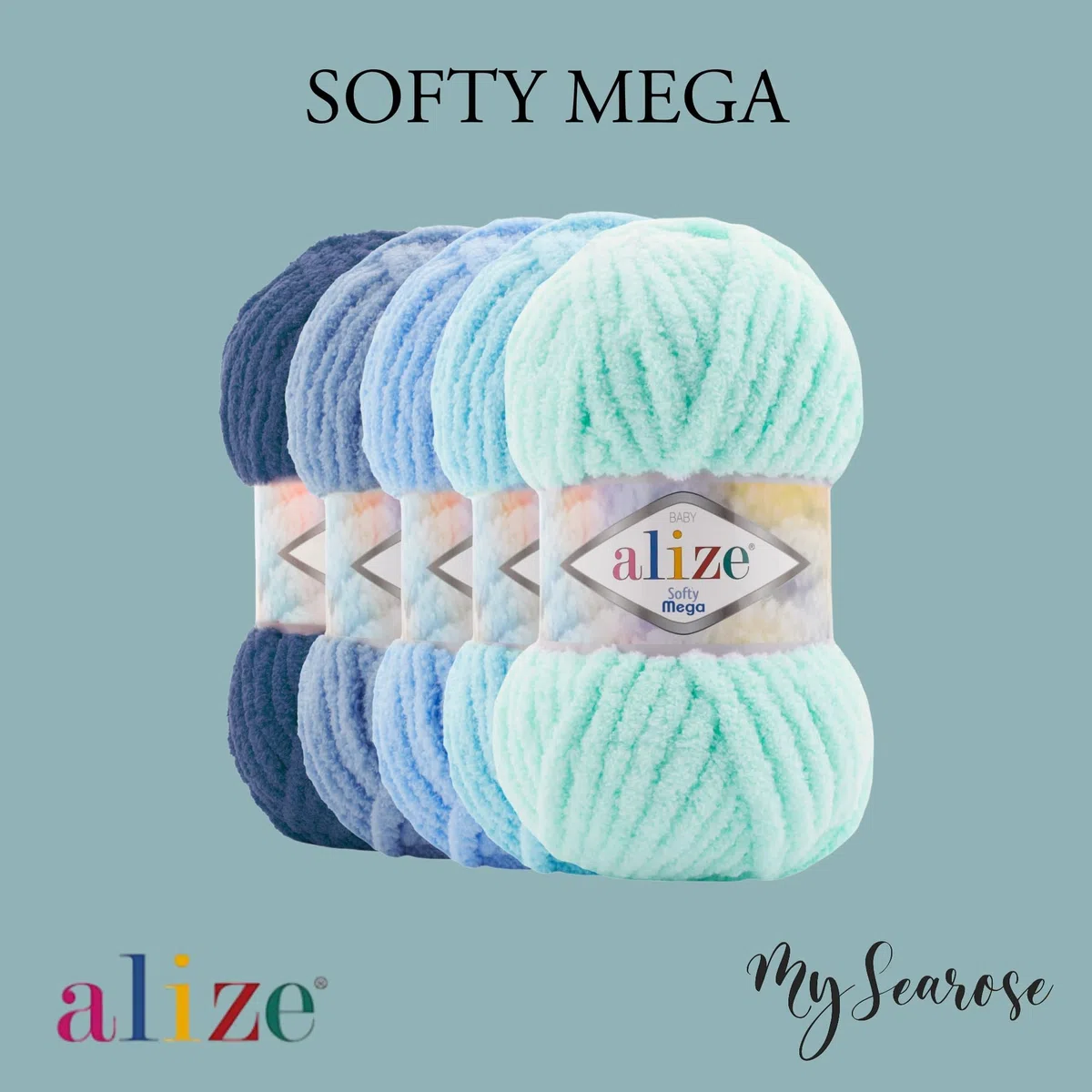 ALIZE Softy Mega 60 Black Premium Wolle 3 x 100g Superweiches bulky Chenillegarn für Stricken & Häkeln von Decken, Kissen, Amigurumi und Accessoires mit mySearose Label