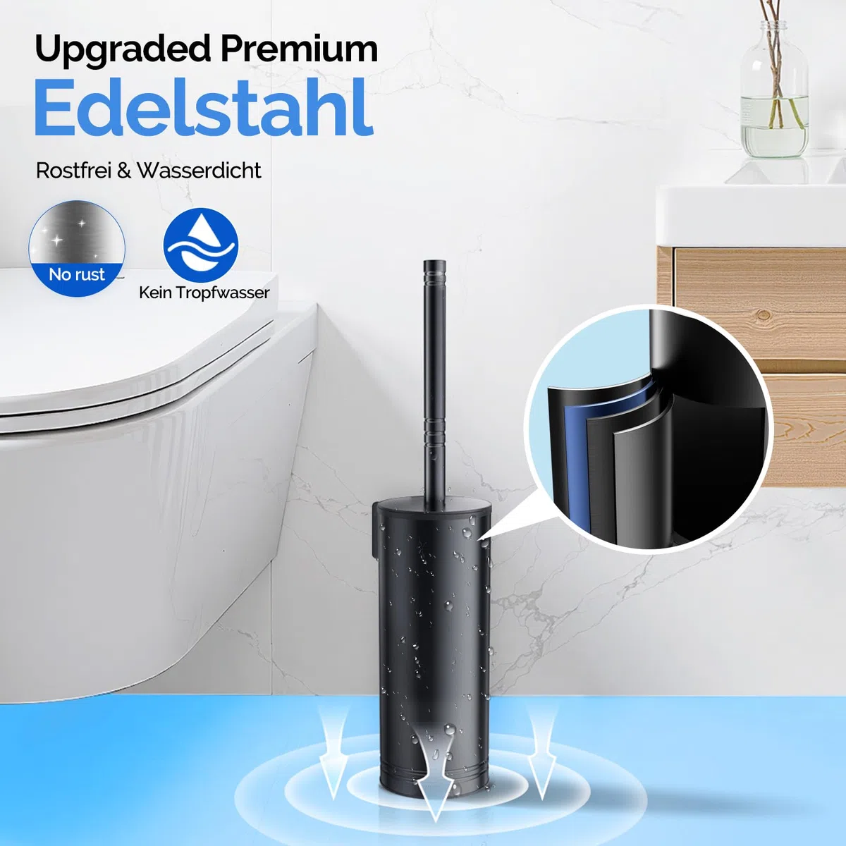 HAMITOR Edelstahl Klobürste Set: Toilettenbürste mit Wandmontage Ohne Bohren, WC Bürste für Tiefenreinigung unter dem Rand mit Schnell trocknendem & Abtropf-Halter, Langer Griff im Badezimmer-Schwarz