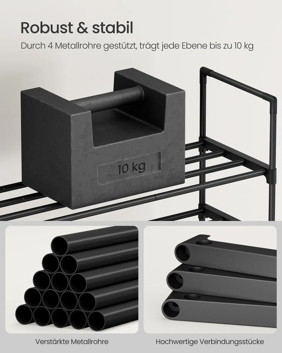 SONGMICS Schuhregal mit 10 Ebenen, offener Schuhschrank hoch, Schuhständer schmal, Schuhaufbewahrung, aus Metall, platzsparend, für Ankleidezimmer, Flur, 30 x 45 x 174 cm, schwarz LSA25BK