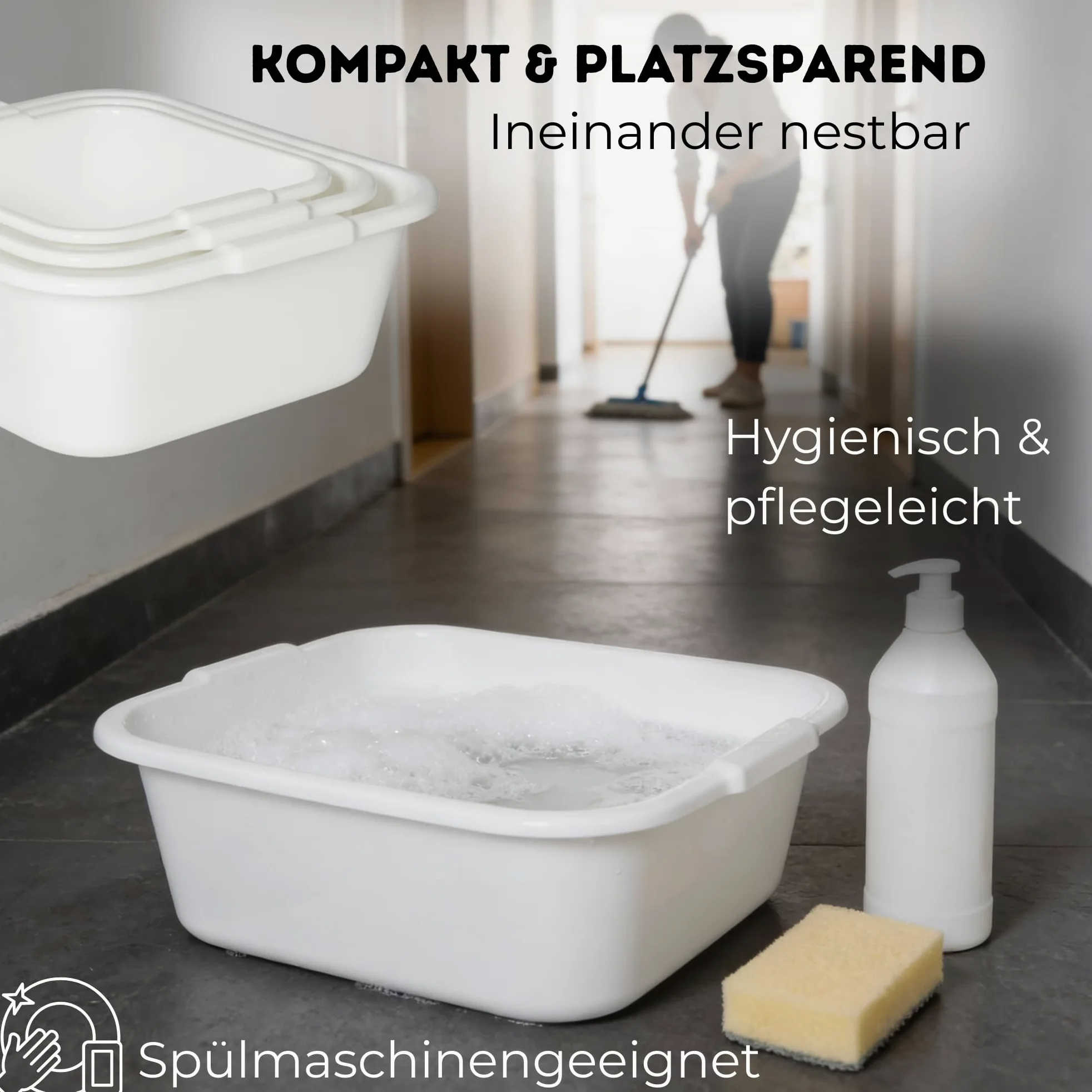 Novaliv 2x Spülschüssel eckig 14L, 38x38 cm, Weiß, BPA-frei Spülmaschinenfest Ideal für Küche und Camping, Wanne, Große Plastikschüssel, Waschschüssel eckig, Waschwanne, Abwaschschüssel