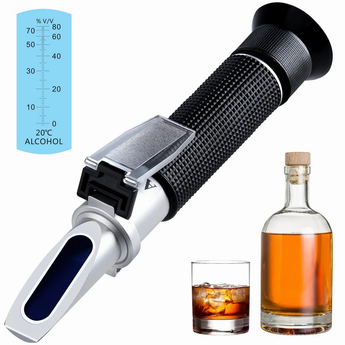 Hochpräzises Alkohol Refraktometer 0-80% v/v, Handgehaltenes Alkohol Gehaltsmessgerät, Tragbares Refraktometer Alkoholmessgerät für Bourbon Vodka Gin Tequila Mezcal Whisky Scotch etc.