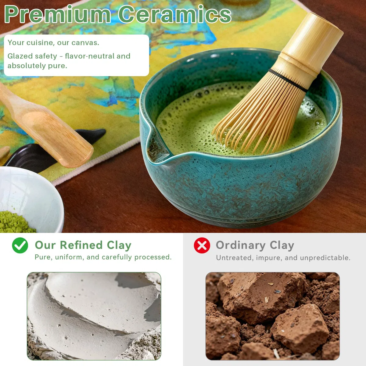 Matcha Set 8-teiliges Premium Tea Set mit Schale mit Ausgießer & Bambus-Chasen (100 Spitzen), Halter, Löffel, Sieb, Tuch – Japanisches Matcha Kit, zeremonielles Starter Set für Matcha-Liebhaber (Blau)