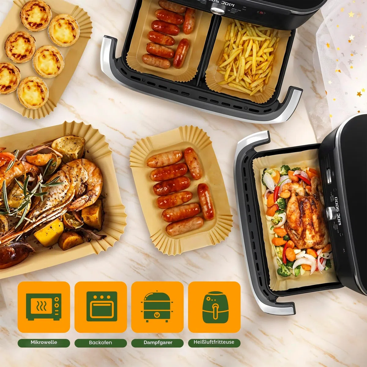 Pietuley 225 Stück Backpapier für Heißluftfritteuse Ninja Foodi Flexdrawer AF500EU 10,4L, Hot Air Fryer Accessories für Cosori Dual Blaze Twinfry 10L, Ninja Heißluftfritteuse AF500EU Zubehör 10,4L