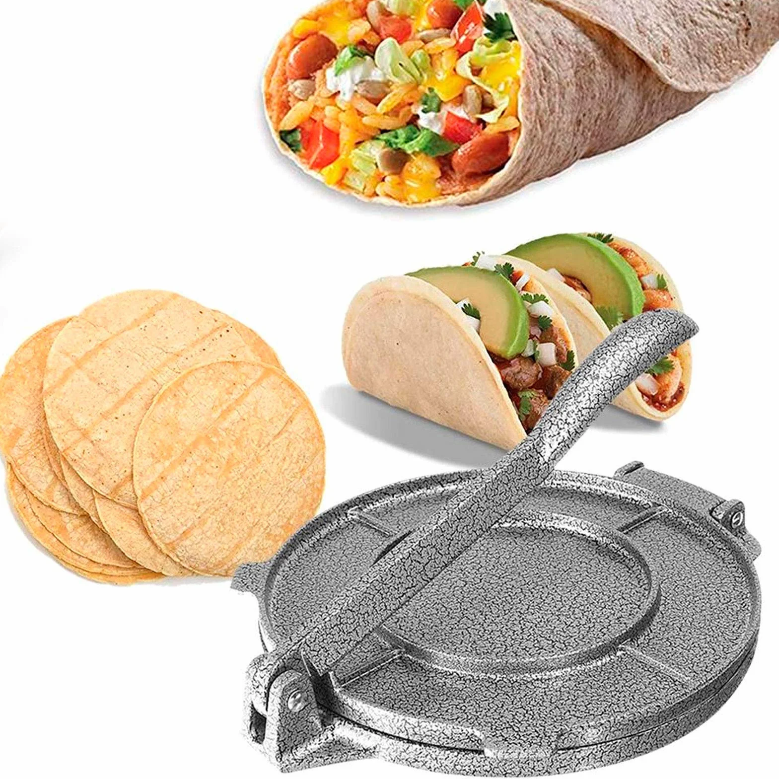 Tortilla Presse 6.5in aus Gusseisen, Taco Presse Roti Maker, Tortilla-Presse, Robuste Gusseisen-Tortilladora-Presse, Vorgewürzte Tortilla Maker für hausgemachte Tortillas, Grau