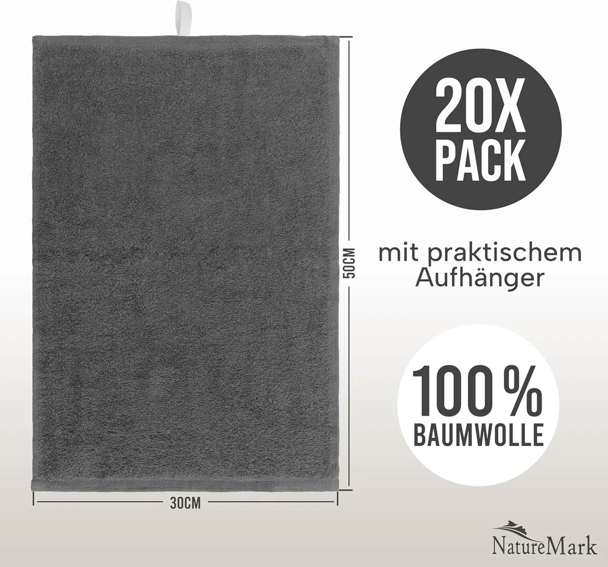 NatureMark Gästetücher – 20er Pack (30x50 cm), 100% Baumwolle, Oeko-TEX Zertifiziert, weich, saugfähig und pflegeleicht – Für Bad, Gäste & Spa - Anthrazit Grau