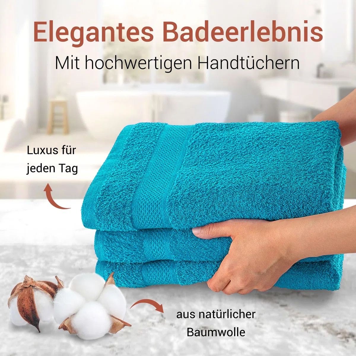Premium 8-teiliges Handtuch Set mit Aufhängeschlaufe, 100% Baumwolle, Oeko Tex 100, 2 Badetücher-Set 2 Handtücher und 4 Waschlappen – sehr saugfähig und weiche Badezimmertücher (Türkis)