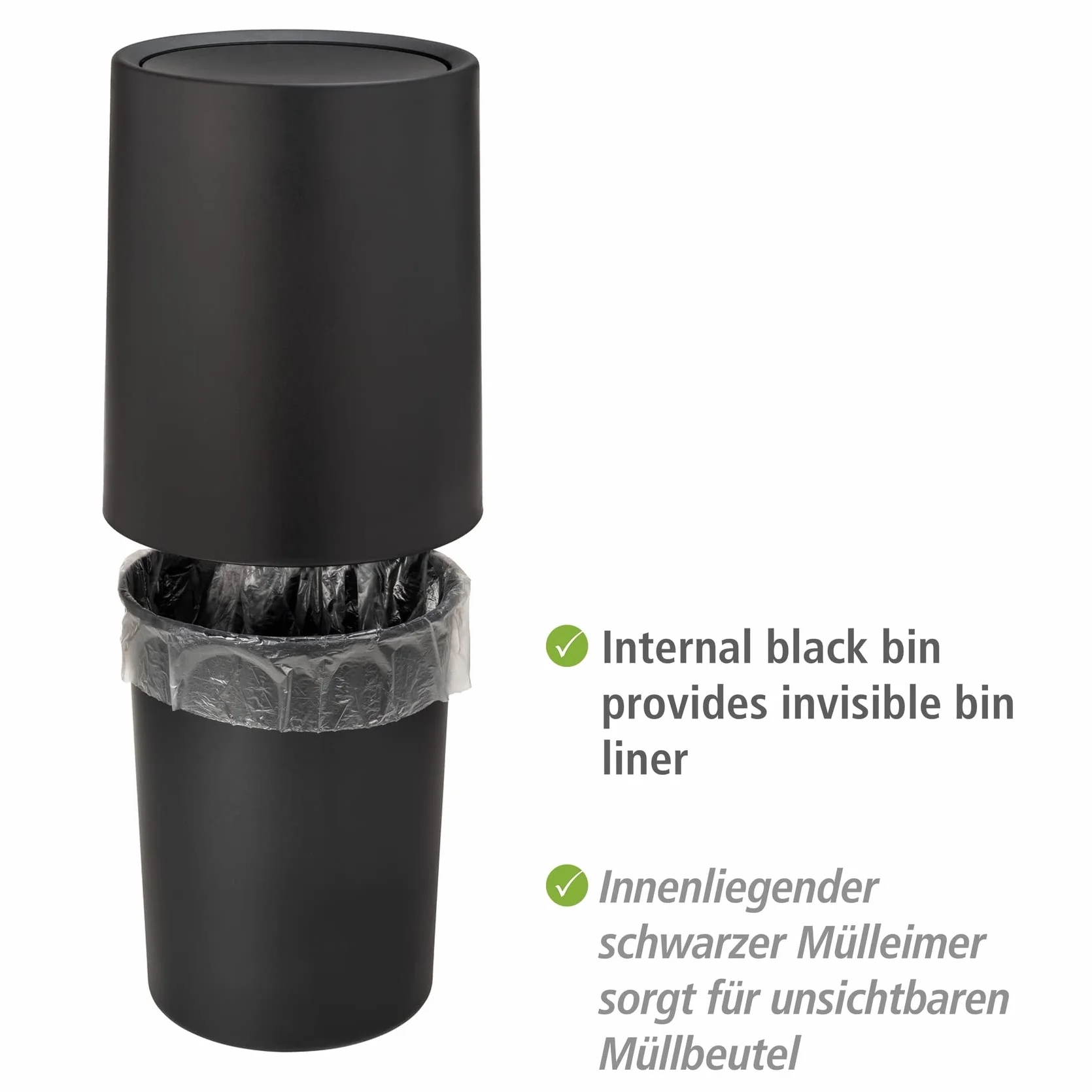 WENKO Schwingdeckeleimer Mod. Atri, 6 Liter Kosmetikeimer mit Deckel aus hochwertigem Kunststoff mit Inneneimer, Hülle zum Überstülpen macht Müllbeutel unsichtbar, (B/T x H): Ø 21 x 25,5 cm, Schwarz