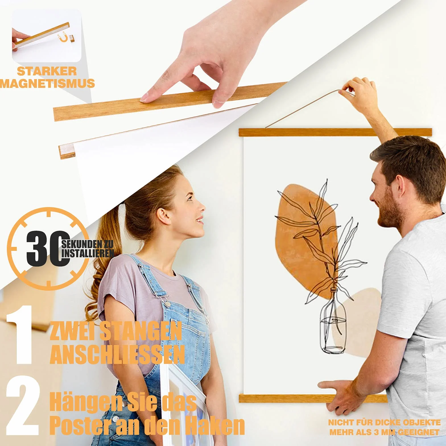 A1 Posterleiste Posterschiene Posterleisten 61CM, Magnet Magnetische Holz Poster Aufhänger Halter Rahmen Leisten Bilder Bild Bilderleiste Bilderrahmen 60x90 61x91.5 60x40 (61cm, Teak)