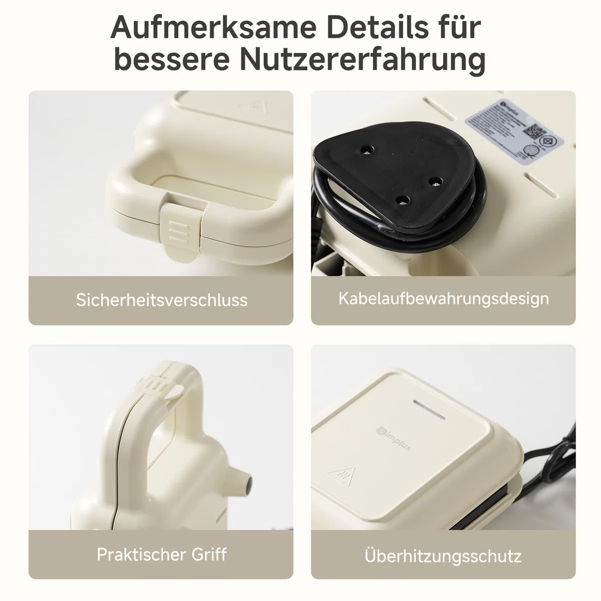 SIMPLUS Sandwichmaker Klein für Knusprige Dreiecks, Sandwichtoaster, 650W, Antihaftbeschichtete Platten, Schnell Aufheizend, Überlaufschutz, Wärmeisolierter Griff, BPA-frei, Cremeweiß