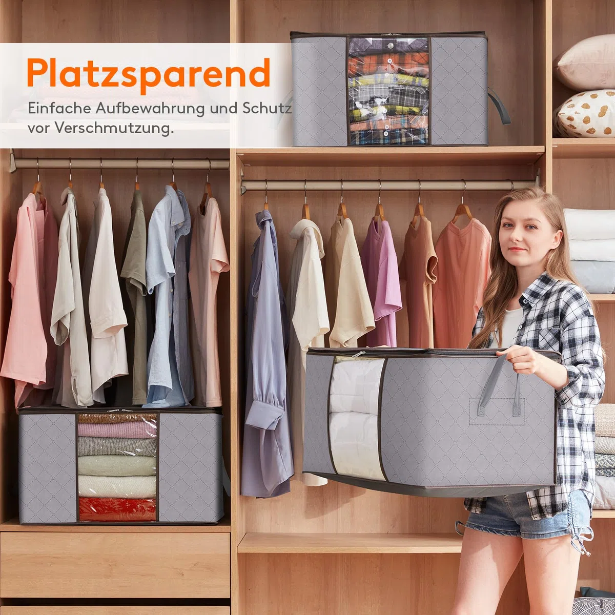 Lifewit 120L Aufbewahrungstasche für Bettdecken, Groß Aufbewahrungsbox mit Deckel Kleidung Aufbewahrung Umzugskartons mit Verstärkt Griff für Kleider Kleidung Bettdecken Bettzeug, 3 Stück, Hellgrau