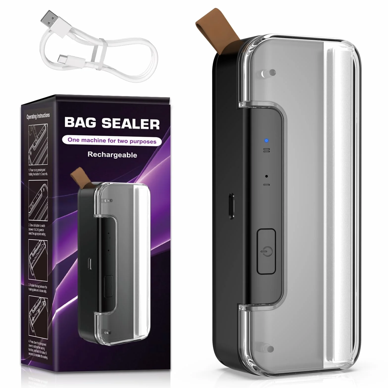 Mini Folienschweißgerät, Bag Sealer 2-in-1 mit Cutter, Magnetfuß & 2-Stufen Siegelung - Wiederaufladbar (Sicher mit Auto-Off) - Für Plastiktüten, Beutel & Snacks - Schwarz