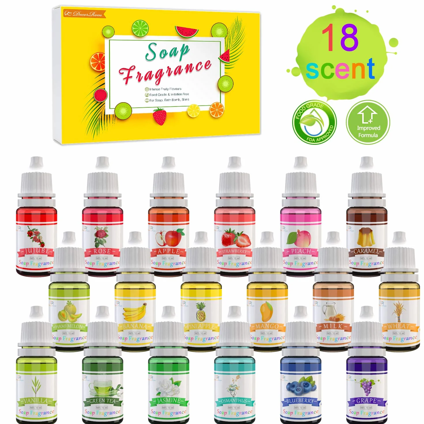DecorRom 18 Seifenduftöl - Flüssig Duftöl Seifen Duft Set zur Badekugeln, Seifenherstellung, Schleim - Konzentrierte Badebomben Düfte für Kosmetik, Kunst und Handarbeit - 10ml pro Stück