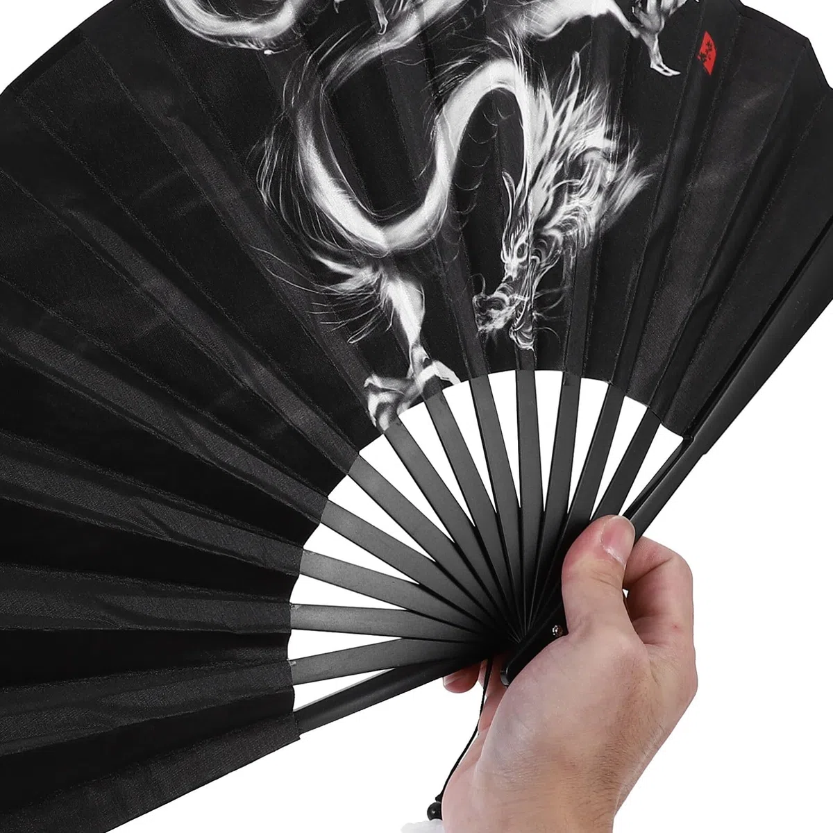 IMIKEYA Schwarz Handfächer, Drachen Chinesischer Fächer aus Seide, Japanischer Vintage Seide Handfächer Faltbarer mit Quasten handgemacht Handheld Fan für Party, Hochzeit, Halloween