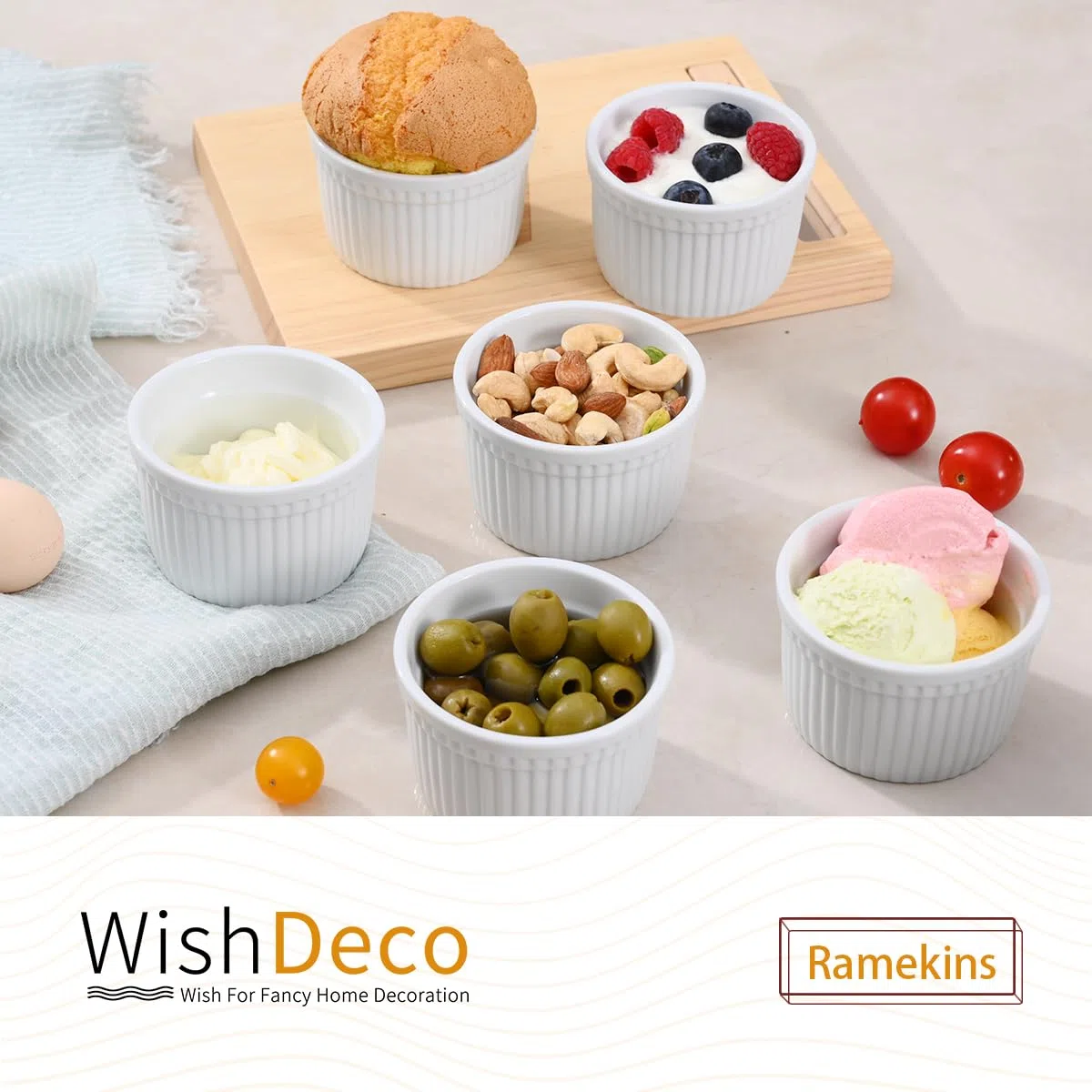 WishDeco Creme Brulee Schälchen 6er Set, Souffle Förmchen Porzellan 200ml, Kleine Dessertschalen, Dipschalen Weiß, Auflaufform Keramik für Muffins, Pasteis